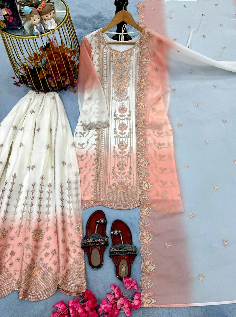 Peach&white georgette readymade suit with thread embroidery work