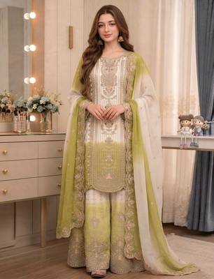 Green&white georgette readymade suit with thread embroidery work 1