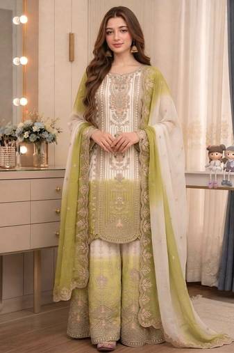 Green&white georgette readymade suit with thread embroidery work