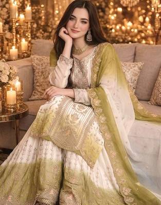 Green&white georgette readymade suit with thread embroidery work 2