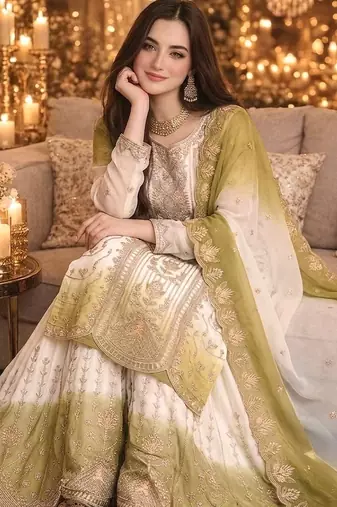 Green&white georgette readymade suit with thread embroidery work