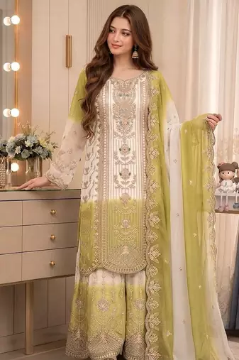 Green&white georgette readymade suit with thread embroidery work