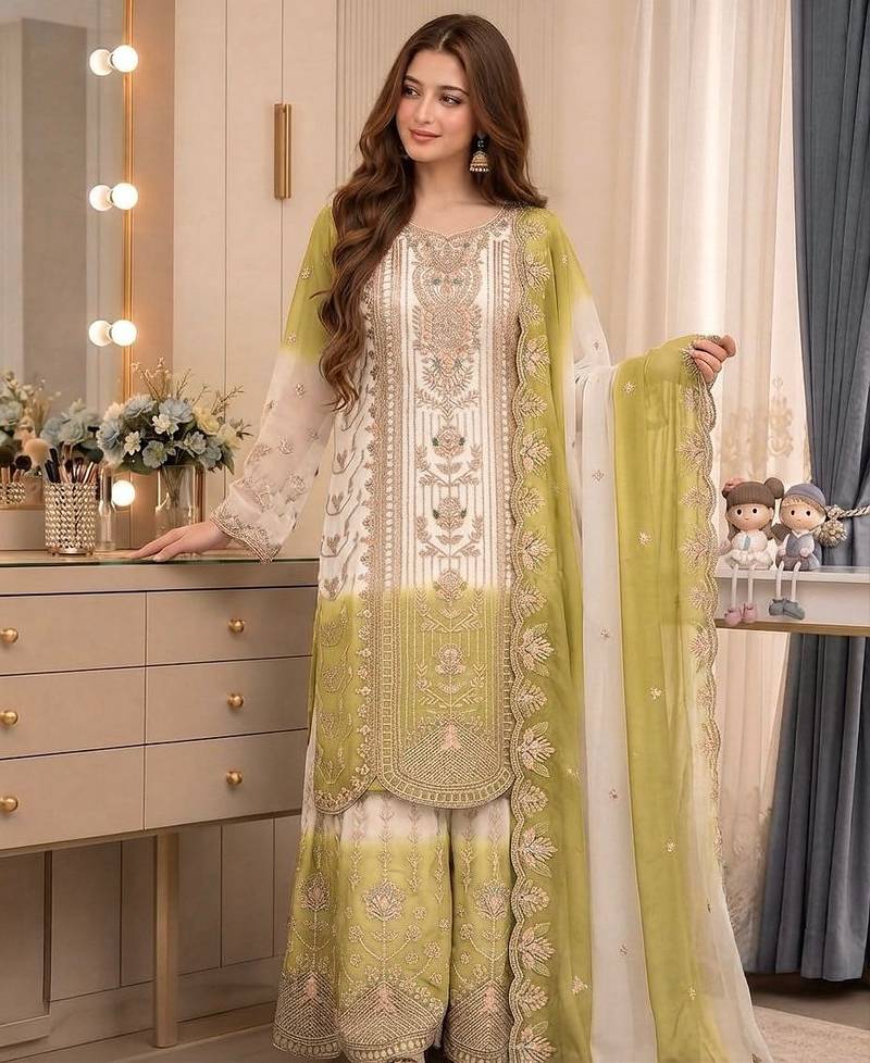 Green&white georgette readymade suit with thread embroidery work