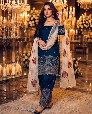 Navy silk blend readymade suit with embroidery & sequence work 1