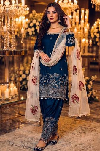 Navy silk blend readymade suit with embroidery & sequence work