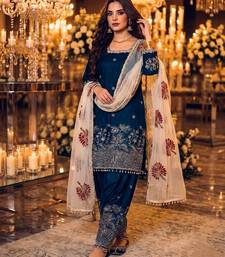 Navy silk blend readymade suit with embroidery & sequence work