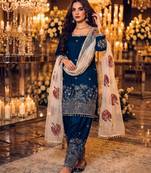 Navy silk blend readymade suit with embroidery & sequence work