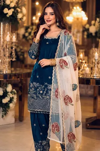 Navy silk blend readymade suit with embroidery & sequence work