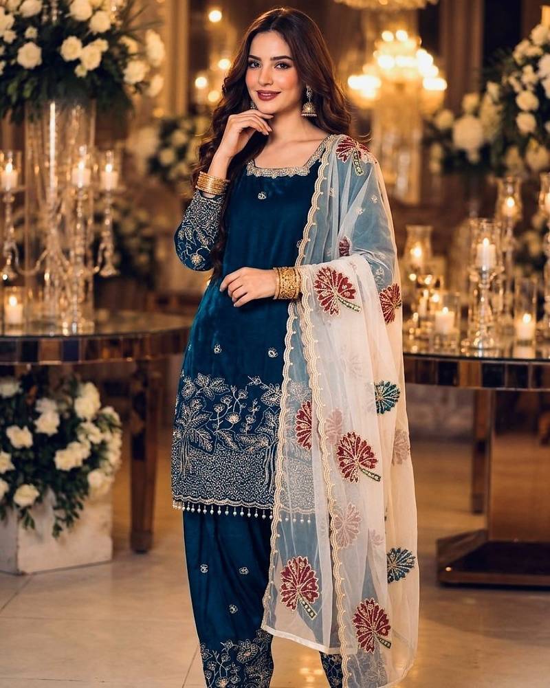 Navy silk blend readymade suit with embroidery & sequence work