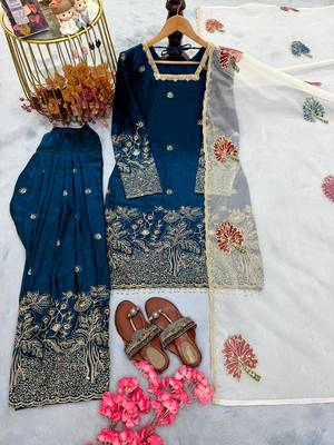 Navy silk blend readymade suit with embroidery & sequence work 3