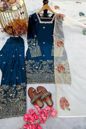 Navy silk blend readymade suit with embroidery & sequence work