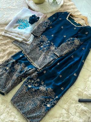 Navy silk blend readymade suit with embroidery & sequence work 4