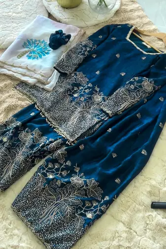 Navy silk blend readymade suit with embroidery & sequence work