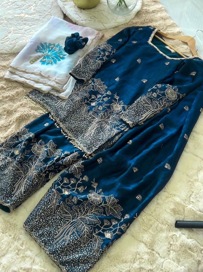 Navy silk blend readymade suit with embroidery & sequence work