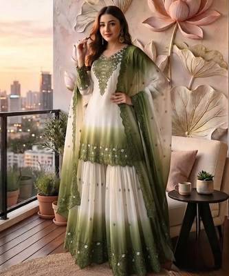 Mehendi&white georgette readymade suit with thread embroidery & cut work 1