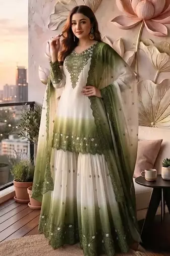Mehendi&white georgette readymade suit with thread embroidery & cut work