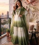 Mehendi&white georgette readymade suit with thread embroidery & cut work