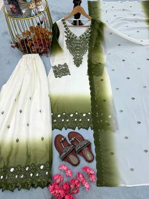 Mehendi&white georgette readymade suit with thread embroidery & cut work 3