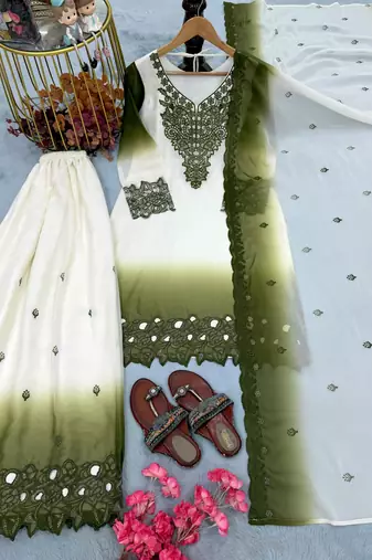 Mehendi&white georgette readymade suit with thread embroidery & cut work