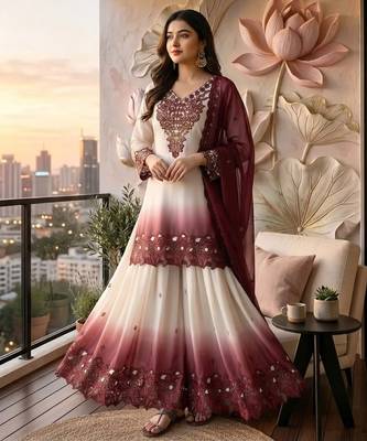 Peach&white georgette readymade suit with thread embroidery & cut work 1