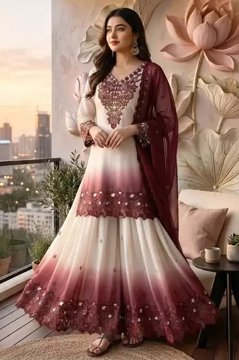 Peach&white georgette readymade suit with thread embroidery & cut work