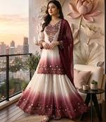 Peach&white georgette readymade suit with thread embroidery & cut work