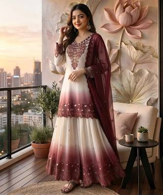 Peach&white georgette readymade suit with thread embroidery & cut work 2