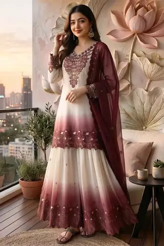 Peach&white georgette readymade suit with thread embroidery & cut work