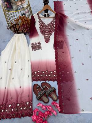 Peach&white georgette readymade suit with thread embroidery & cut work 3