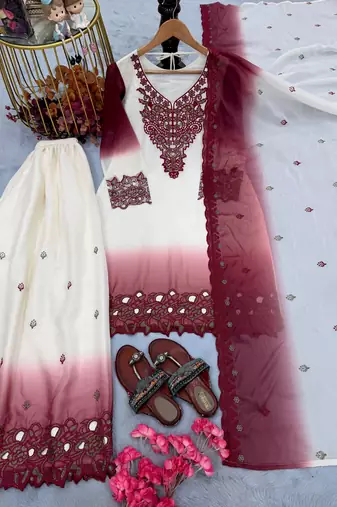 Peach&white georgette readymade suit with thread embroidery & cut work