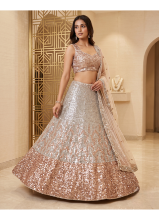 Women's Rose Gold & Silver Sequin Embroidered Lehenga Choli Set with Net Dupatta 1