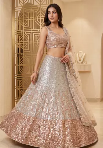 Women's Rose Gold & Silver Sequin Embroidered Lehenga Choli Set with Net Dupatta