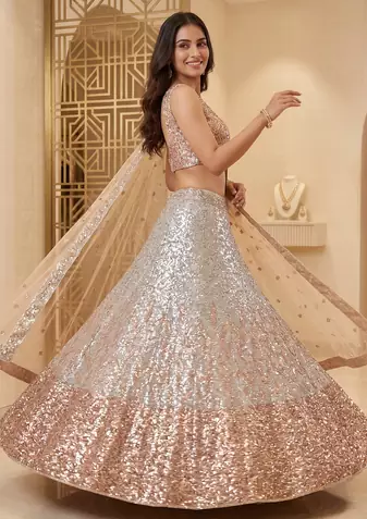 Women's Rose Gold & Silver Sequin Embroidered Lehenga Choli Set with Net Dupatta
