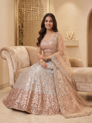 Women's Rose Gold & Silver Sequin Embroidered Lehenga Choli Set with Net Dupatta 3