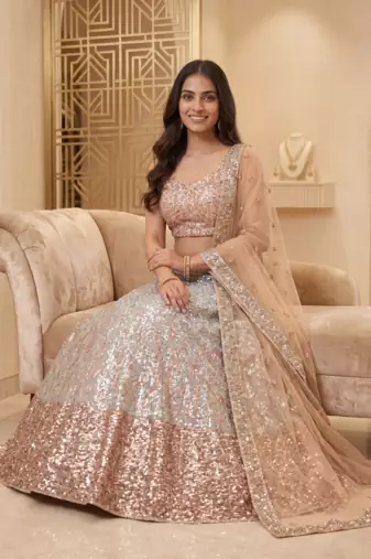 Women's Rose Gold & Silver Sequin Embroidered Lehenga Choli Set with Net Dupatta