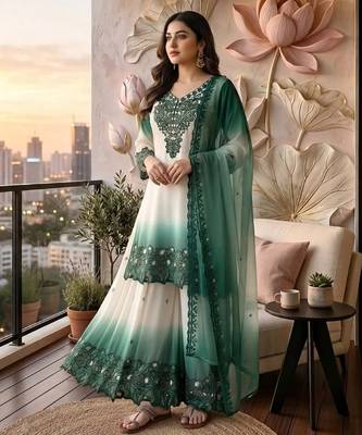 Blue&white georgette readymade suit with thread embroidery & cut work 1