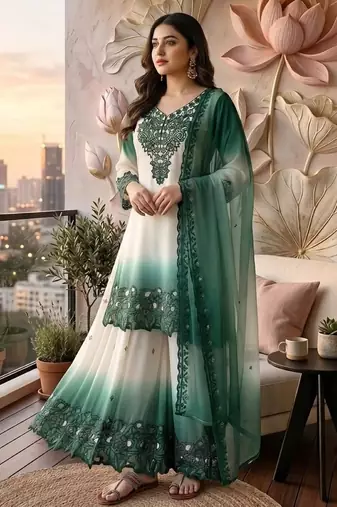 Blue&white georgette readymade suit with thread embroidery & cut work