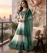 Blue&white georgette readymade suit with thread embroidery & cut work