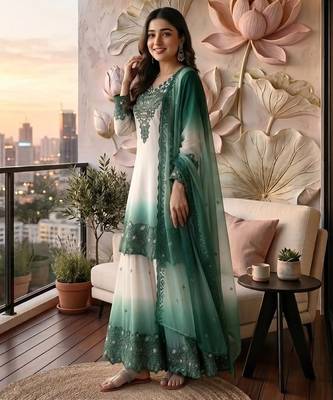 Blue&white georgette readymade suit with thread embroidery & cut work 2