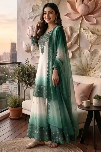 Blue&white georgette readymade suit with thread embroidery & cut work