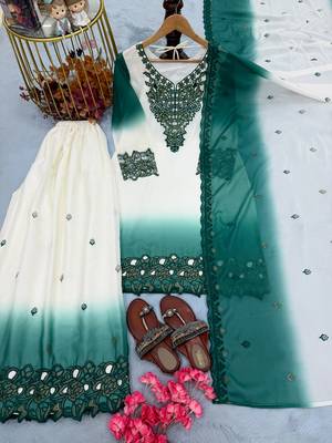 Blue&white georgette readymade suit with thread embroidery & cut work 3