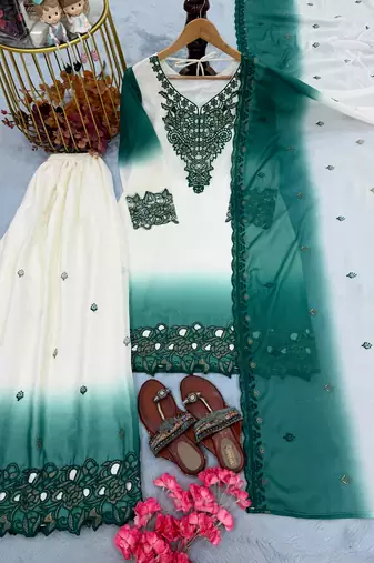 Blue&white georgette readymade suit with thread embroidery & cut work