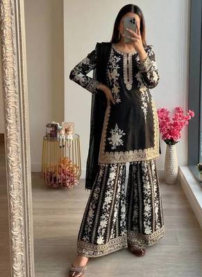 Black georgette readymade suit with embroidery & sequence work 1