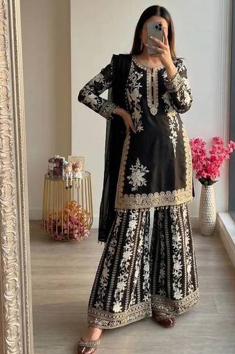 Black georgette readymade suit with embroidery & sequence work