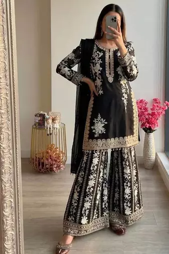 Black georgette readymade suit with embroidery & sequence work