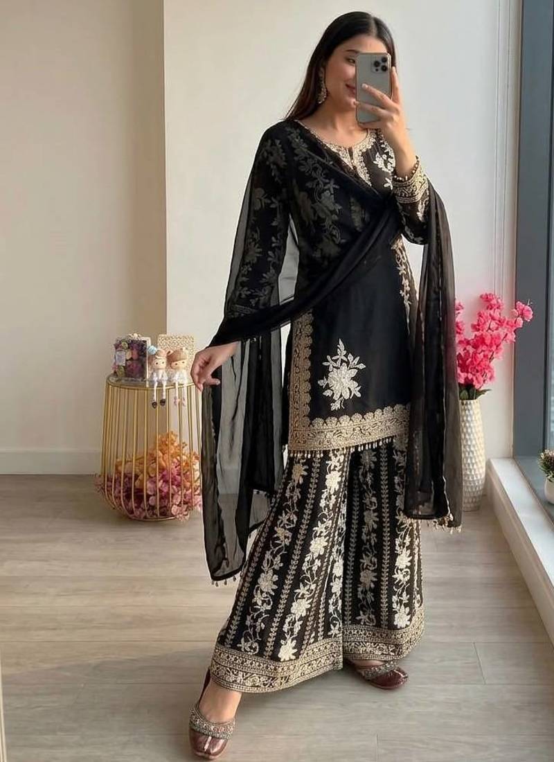 Black georgette readymade suit with embroidery & sequence work