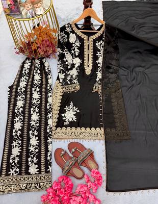 Black georgette readymade suit with embroidery & sequence work 3