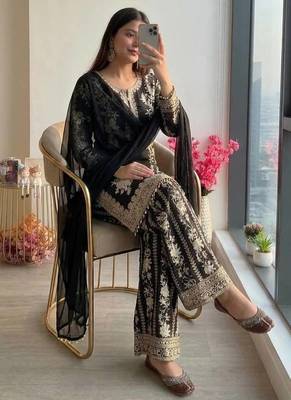 Black georgette readymade suit with embroidery & sequence work 4
