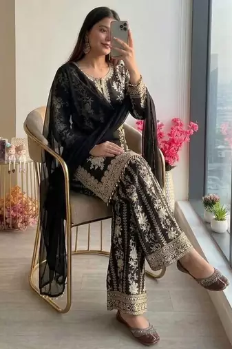 Black georgette readymade suit with embroidery & sequence work