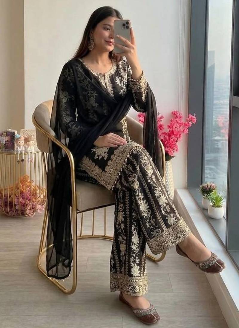 Black georgette readymade suit with embroidery & sequence work